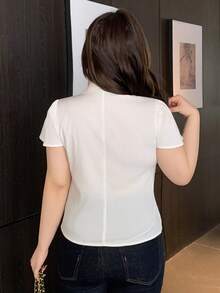 REIGN AVE Plus Size Solid Color Button-Down Collar Shirt, Suitable For Everyday Wear Summer - White - View 2