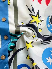 Soleia 女士彩色涂鸦印花翻领衬衫，适合海滩、邮轮、城市、度假、约会、下午茶、音乐节、波西米亚风、海滩度假村、海岛度假村、海滩假期、音乐节等场合，四季皆宜，日常通勤也适用。 - 彩色 - 查看 13