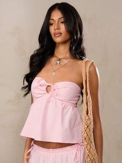 SHEIN BAE Pink Linen Striped Drawstring Ruffle Hem Cute Tube Top, Suitable For Beach, Holiday, Cute Tops, Italian Holiday, Ibiza, Striped Tops, Summer,Summer Outfit For Women,Beach Vacation Outfits For Women,Going Out Tops For Women,Casual Blouses For Women,Linen Top, Ruffle Top,Peplum Top ,Off-Shoulder Top