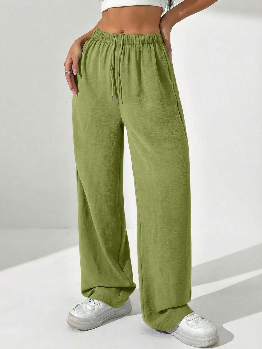 SHEIN Unity Pantalones casuales anchos de cintura con cordón de unicolor para mujer - Verde Oliva - Ver 1