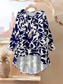 Rusticease 蓝白花卉叶子印花加大码女式优雅休闲宽松长袖上衣和裤子两件套，适合春夏穿着 - 彩色 - 查看 3