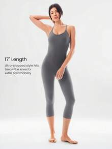 GLOWMODE 17" FeatherFit™ Rise And Shine Buttery-Soft Sweat-Wicking Crisscross Open Back Tummy Control Removable Cups Bodysuit Low Impact Yoga Studio Daily Wear - Dark Grey - View 4