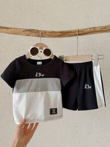 LMoss Kids LMoss Baby Boys' Contrast Color Round Neck Short Sleeve Casual T-Shirt & Shorts Set, 2 Piece Black Summer Boy Outfit Sets For Toddler Beach - Multicolor - View 3