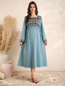 Momance 孕妇长袖圆领A字连衣裙，数码印花连衣裙 - 薄荷綠 - 查看 4