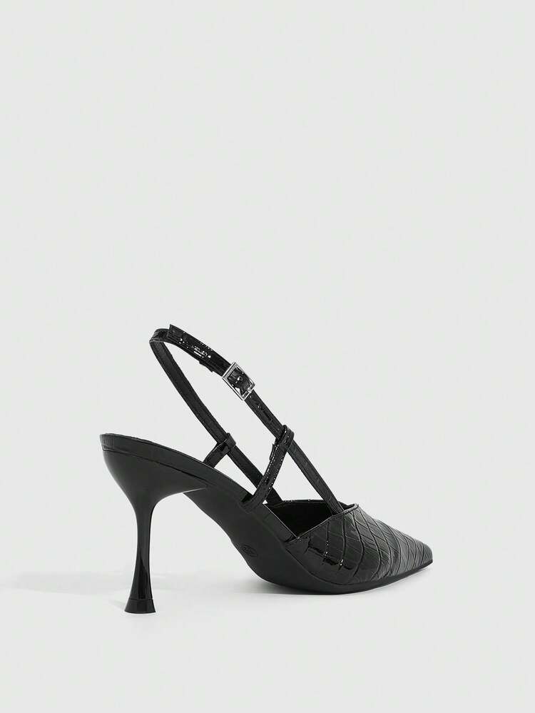 CUCCOO SZL Women's Pointed Toe Black Patent Leather Stone Texture Ankle Strap Sexy Stiletto High Heel Party Sandals