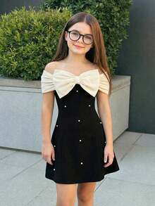 Firerie Kids 少女优雅黑色撞色蝴蝶结A字连衣裙，饰有串珠 - 黑與白 - 查看 5