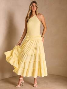 Enchnt Spring/Summer Romantic Women's Yellow Backless Maxi Cake Dress For Women,Sweet&Elegant For Vacation&Date&Holiday&Going Out,Spring Outfit Women - Light Yellow - View 1