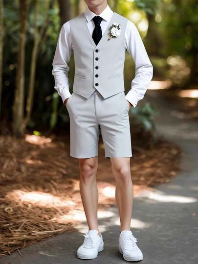 SHEIN 2 piezas Conjunto de traje de caballero para adolescentes, elegante conjunto de moda de alta gama para primavera/verano, adecuado para banquetes, negocios, bodas, actuaciones en el escenario, presentaciones - Incluye chaleco gris claro y pantalones cortos deportivos casuales