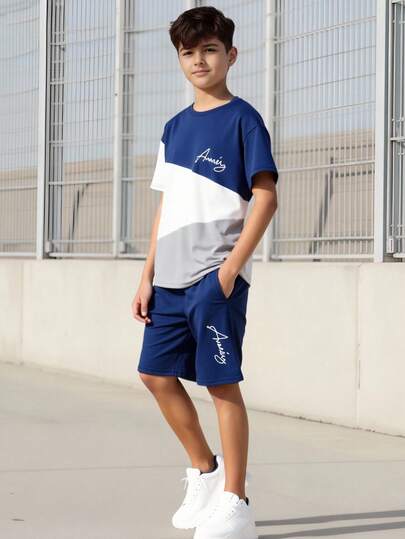 Vacaura Set de 2 camisetas casuales de niño con bloques de color, decoración con letras, de moda y minimalista, adecuadas para uso diario, ir al trabajo, ocio y deportes