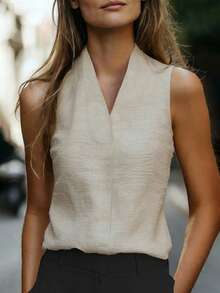 Balvessa 女士无袖V领优雅办公衬衫，春夏款 - 米色 - 查看 3