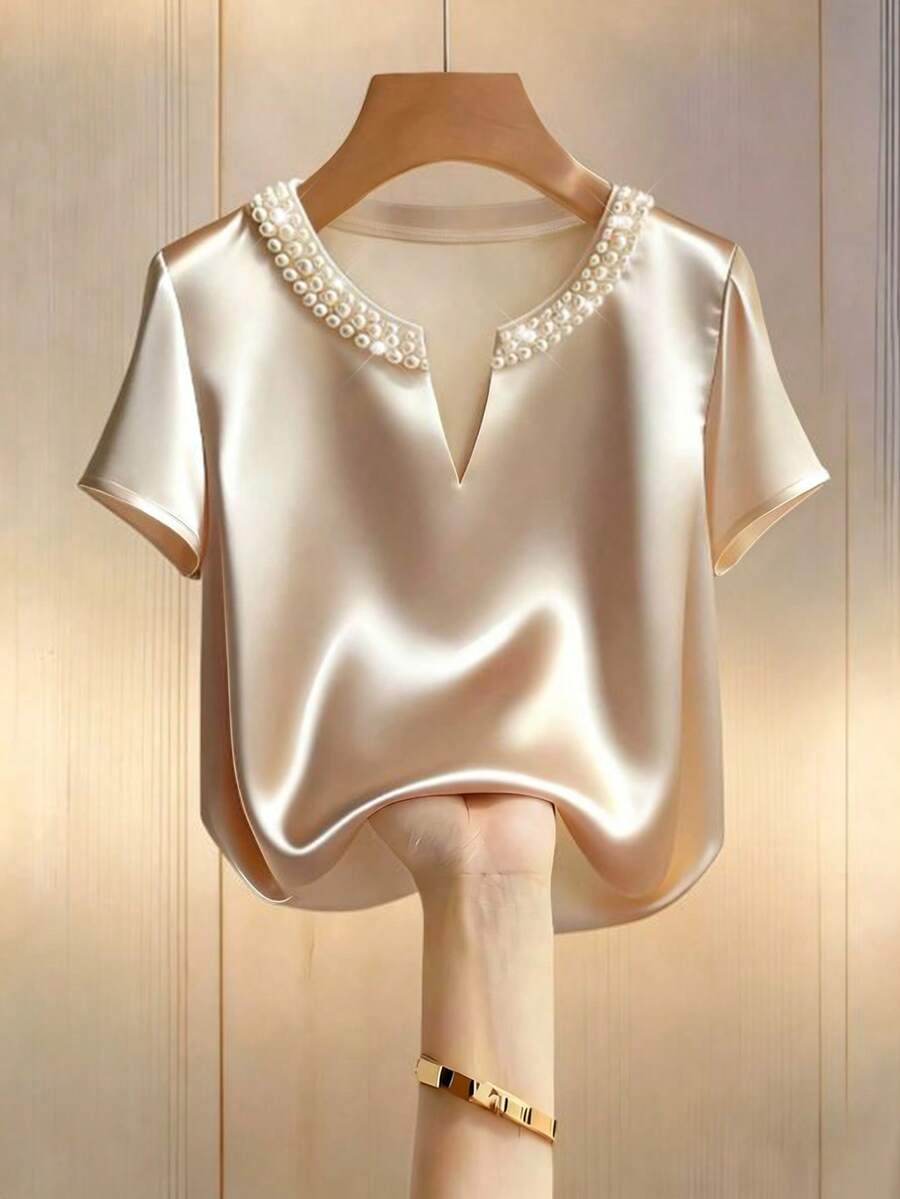 SHEIN Tall Satin Short Sleeve V-Neck Elegant Commuting Fashion Women Shirt With Pearl Decor, Spring/Summer - Multicolor - View 1