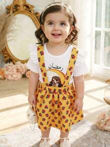 SHEIN 女婴碎花无袖上衣搭配印花背带裙套装，适合通勤、假日、度假等各种场合，尺码6个月至3岁，女婴服装，女婴夏季卡通套装，两件套阿拉伯风格婴儿服装，阿拉伯风格婴儿套装，女婴服装 - 黃色 - 查看 5