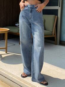 DAZY 休闲水洗水钻直筒女式牛仔裤 - 藍色 - 查看 3