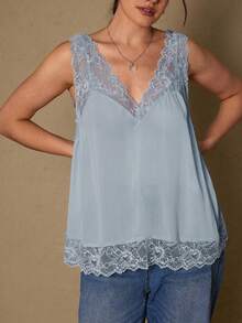 Freevana Camiseta de mujer de talla grande, romántica y elegante, con nuevo diseño de encaje y parches para la primavera temprana - Celeste - Ver 7