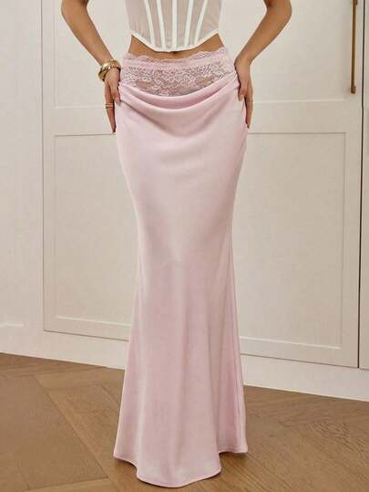 Aloruh Nouvelle jupe longue pour femmes, jupe en satin avec patchwork en dentelle rose clair, luxueuse, sexy, élégante et romantique, tenue pour le thé de l'après-midi, printemps/été