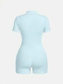 Dewbera Solid Color Short Sleeve Fitted Sports Jumpsuit Bodysuit Romper Zip Up Romper Seamless Romper Blue Bodysuit Ribbed Romper Tummy Control Romper - Mint Blue - View 2