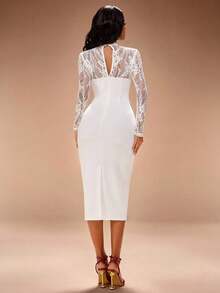 Radiana Seksowna i elegancka, beżowa, koronkowa, patchworkowa, dopasowana sukienka damska z długim rękawem, dopasowany krój, elastyczna dzianina otula ciało, podkreślając figurę, odpowiednia na randki, spotkania, imprezy, codzienne wyjścia, zakupy, do klubów, na popołudniową herbatę, święta - Biały - Zobacz 3