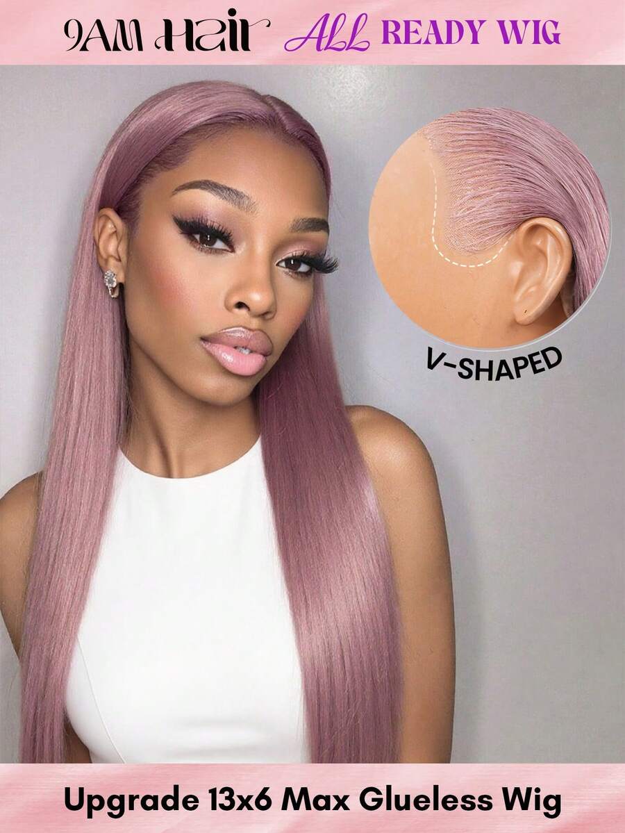 ALL READY WIG Peluca de cabello humano liso de 180% de densidad, con frente de encaje transparente preplucado y línea de nacimiento natural para uso diario, con acabado de purpura ceniza, sin pegamento y con un diseño transpirable. - SPurple - Ver 1