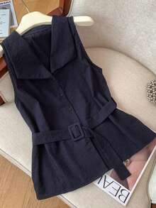 Resyla Women's Sleeveless Collared Waist Shirt, Fashionable Casual For Summer - Navy Blue - View 4