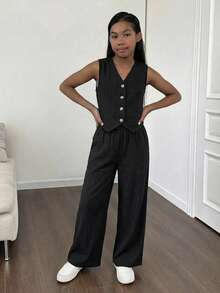 Firerie Kids Firerie Kids Nova Glow 少女休闲街头时尚通勤上学风格编织条纹阔腿直筒裤， - 黑色 - 查看 4