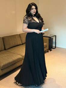 SHEIN PETITE CURVE V领中国风蕾丝拼接长袖连衣裙，优雅A字下摆鸡尾酒会礼服，适合大码女性 - 黑色 - 查看 4
