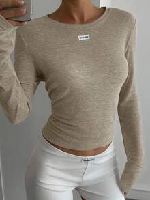 Livesso Women's Casual Solid Color Basic T-Shirt, Spring - Khaki - View 2