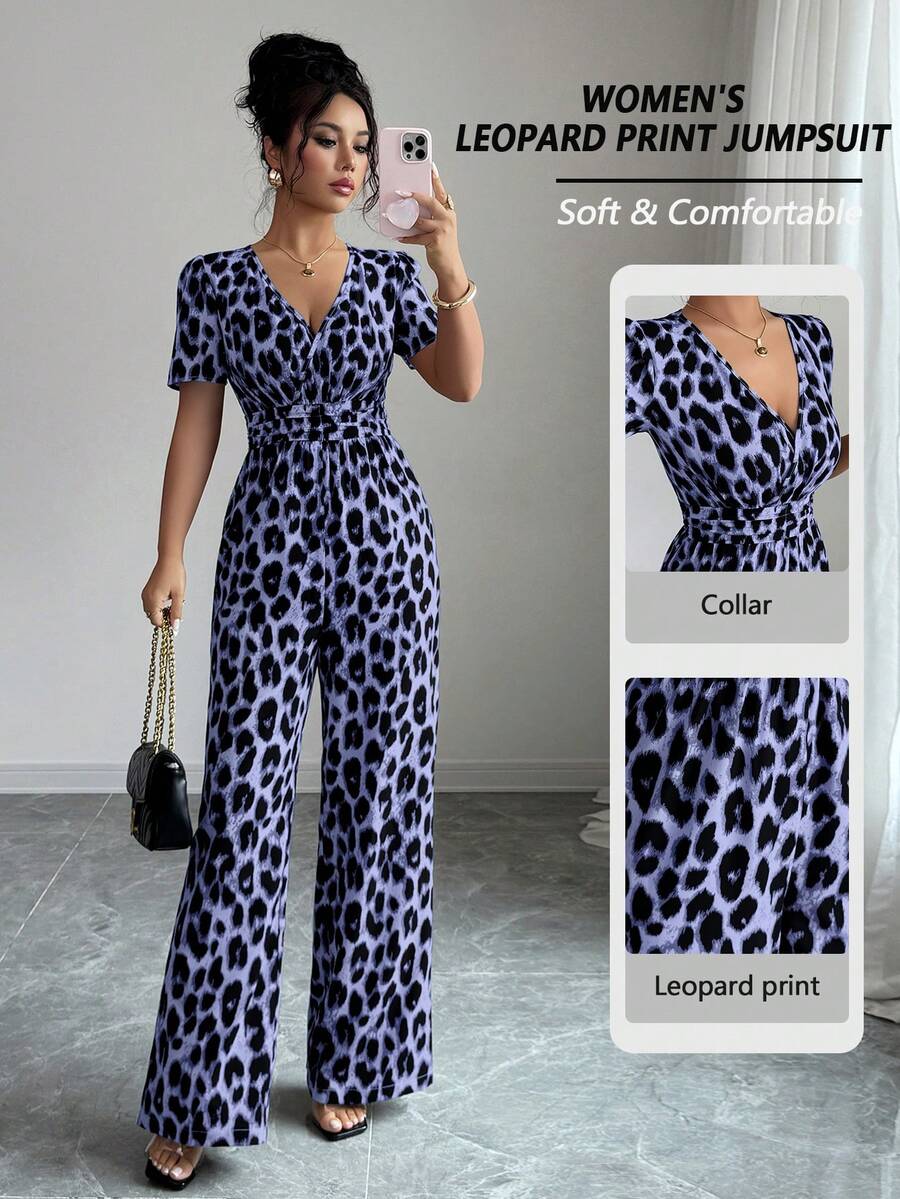 Elenzga Ladies' Elegant Vacation And Casual Summer Leopard Print Jumpsuit - Purple - View 1