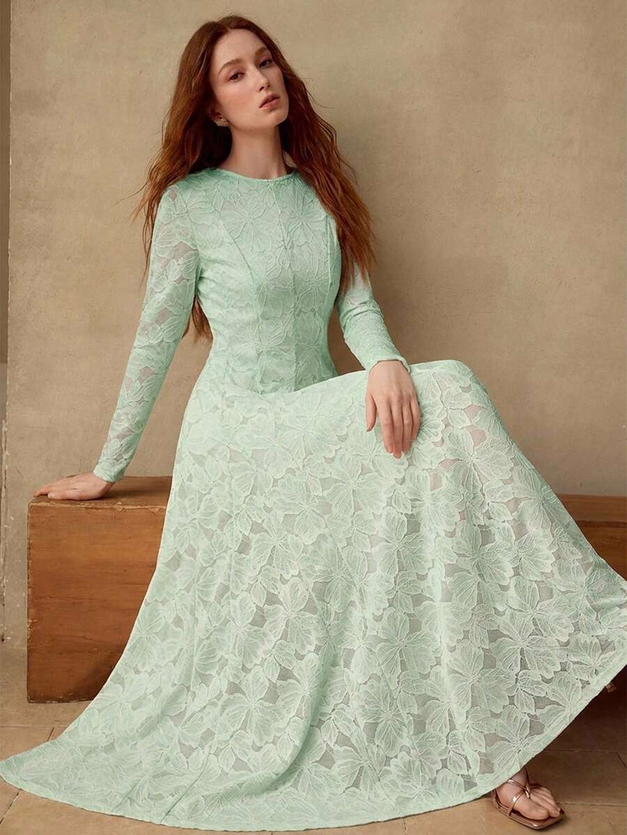 MOTF PREMIUM VESTIDO DE CÓCTEL DE MUJER DE MANGA LARGA CON BORDADO DE ENCAJE - Verde - Ver 1