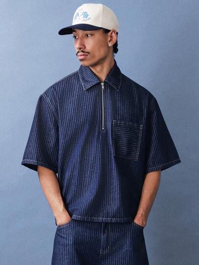 SUMWON Men's Pinstripe Denim Polo Shirt Half Zip Collar Short Sleeve Casual Summer Top Vintage Style Regular Fit