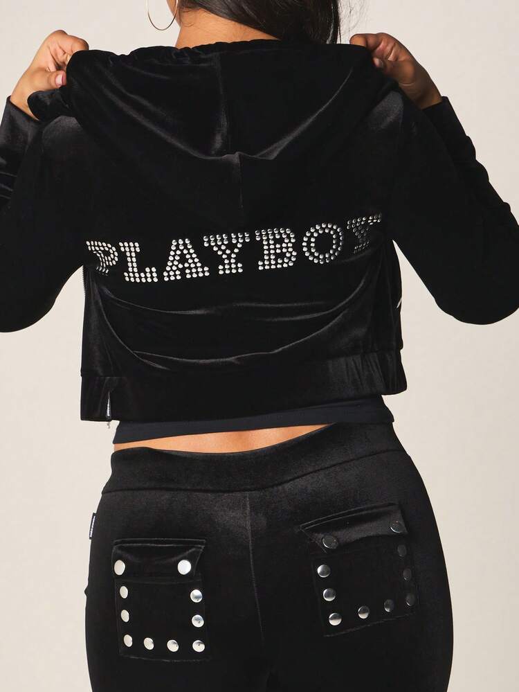 Missguided x Playboy Stud Embellished Full Zip Hooded Sweatshirt With Centre Pocket And Drawstring Hood For Casual Winter Wear
