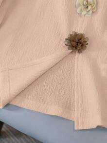 Franclia 圆领短袖休闲优雅百搭3D立体花卉图案女式T恤，夏季上衣，白色印花T恤 - 粉色 - 查看 5