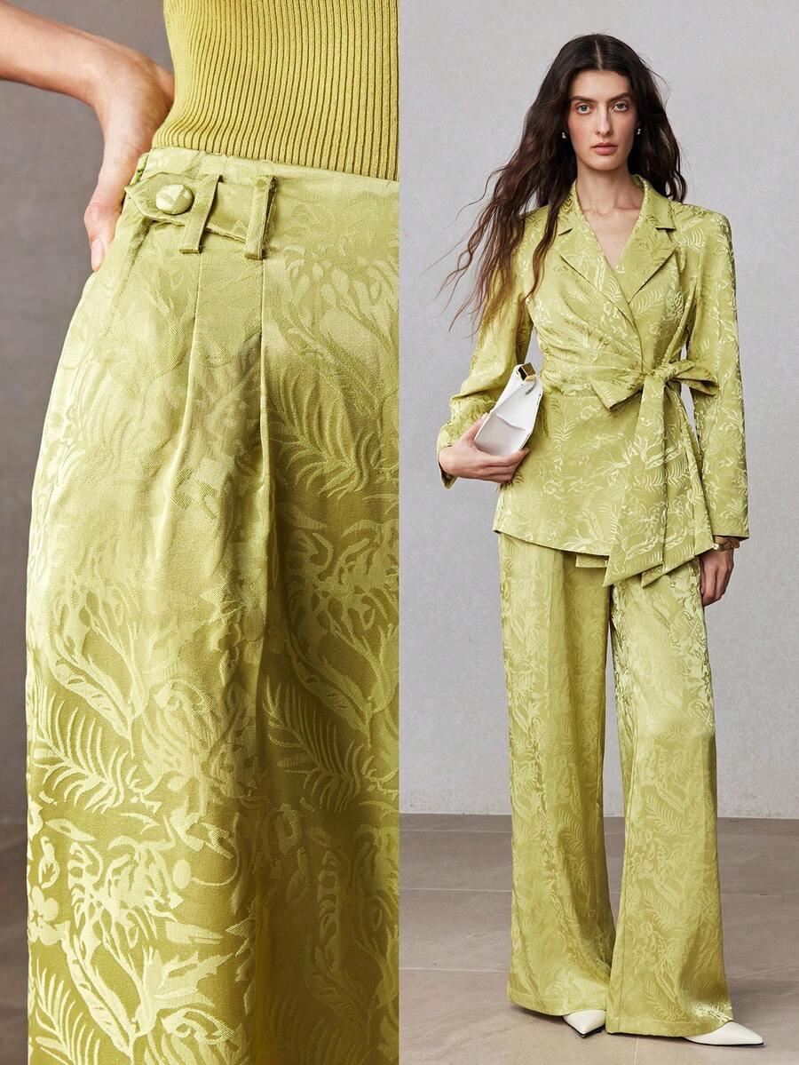 ZEYLAH Elegant Commuter Jacquard Wide-Leg Suit Pants, Spring - Green - View 1