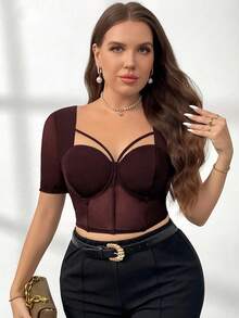 Firerie Elegantes, hochwertiges Top in Große Größen für den Arbeitsweg, Nachmittags-Tee, leicht sexy für Dates, Musikkonzerte und Partys. Schwarzes Mesh-Design mit Spitze und Schnürung. Geeignet für Urlaub, Neujahr, Partys und elegante Büro-Looks. - Kaffeebraun - Übersicht 6