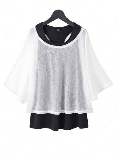 SHEIN Essnce Plus-Size Women's Spring/Summer Fashion Casual Comfortable Everyday Basic Versatile Slimming Black Vest And Sun Protection Cover-Up Two Pieces Set,Summer Outfits,Going Out Top,Curve Clothes