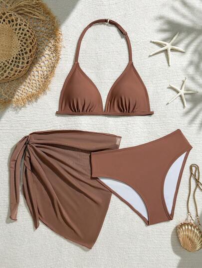 SHEIN Tween Girls Tankinis, Casual Camel Colored Three Piece Swimsuit Set+Half Skirt Fashionable Casual Exquisite Gorgeous Lady Suitable For Swimming Suitable For Summer Vacation, Beach Beach Beach Swimming Pool, Summer Party Leisure Vacation. Teen Bikini 3 Piece Set Teen Girl Brown Set