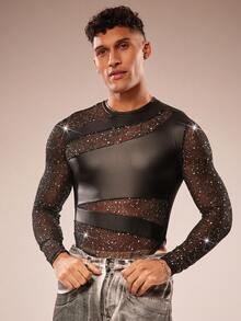 FeverCity Men's Long Sleeve Round Neck Mesh Patchwork Sexy Jumpsuit - Black - View 1