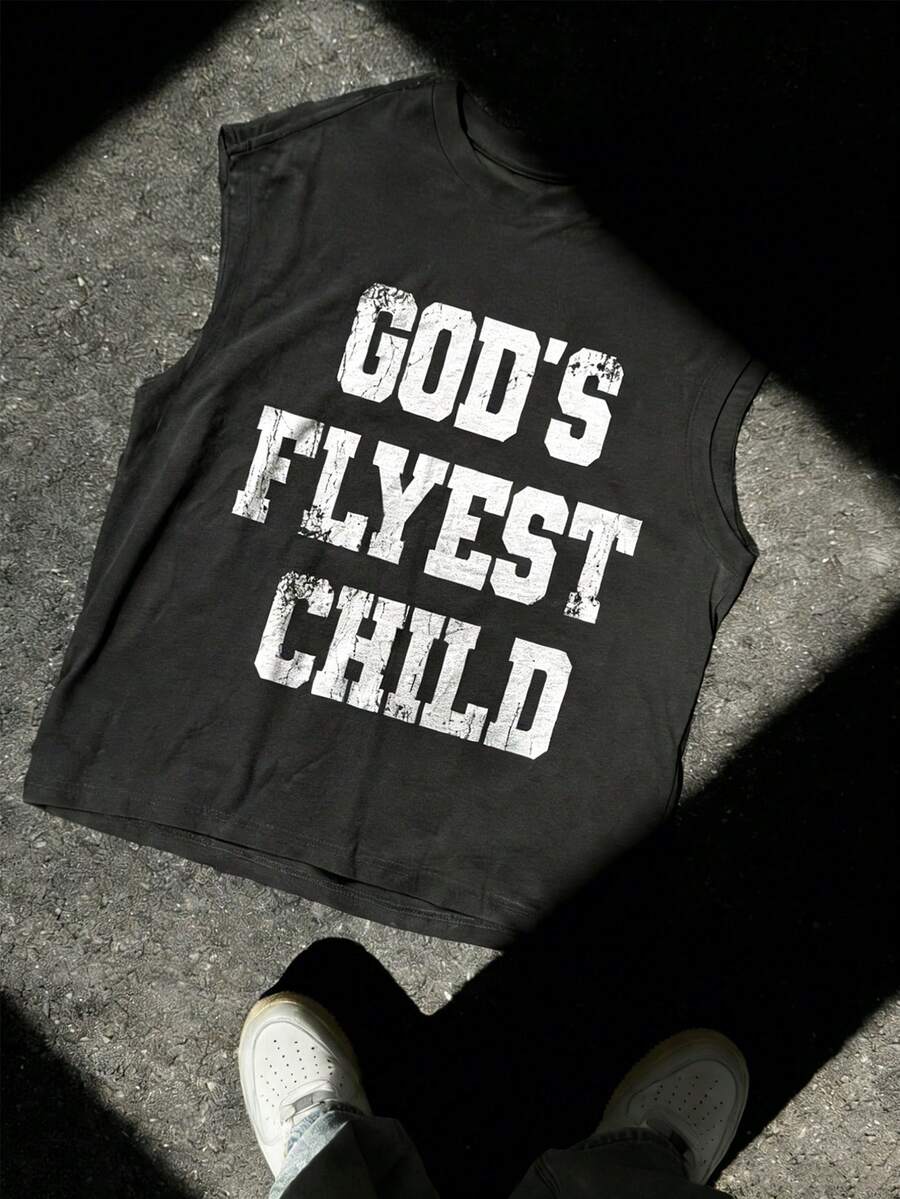 Manfinity Dauomo 男士背心，“上帝最棒的孩子”图案背心，送给信奉耶稣的信徒的礼物，送给他的礼物，2026春夏新款上衣 - 黑色 - 查看 1