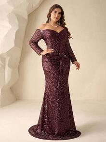 Coutiva 这款优雅的亮片露肩长袖正式晚礼服，采用鱼尾式褶裥裙摆设计，适合婚礼宾客、毕业典礼及其他社交场合穿着。也可用作舞会礼服或初次亮相礼服。 - 酒紅色 - 查看 4