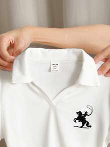 SHEIN Tween Girl Spring/Summer Casual Horse Racing Embroidered Ribbed Polo Collar T-Shirt, White - White - View 3