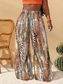 SHEIN PETITE CURVE Plus Size Casual All-Over Print Loose Pants, Suitable For Vacation - Brown - View 3