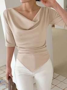 DAZY T-shirt d'été à col plongeant, taille cintrée, ourlet asymétrique et dos nu avec nœud pour femmes - Nude - Voir 3