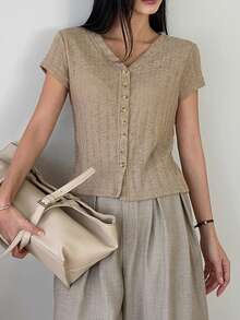 DAZY 女士V领短袖开衫休闲T恤，夏季 - 卡其色 - 查看 2