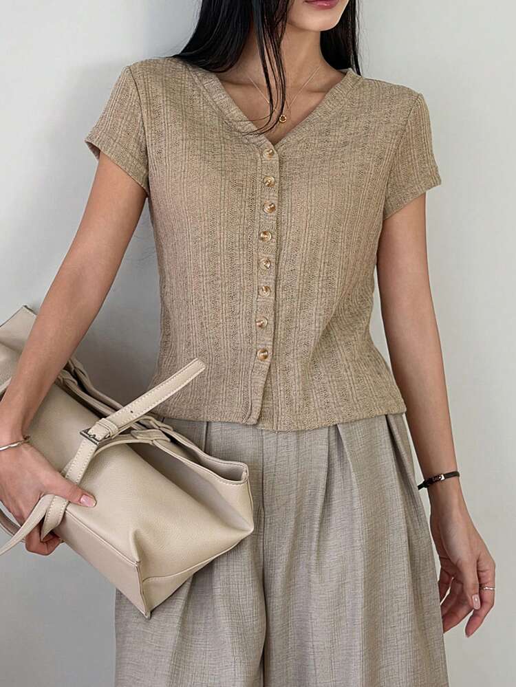 Women's V-Neck Short Sleeve Cardigan Casual T-Shirt, Summer