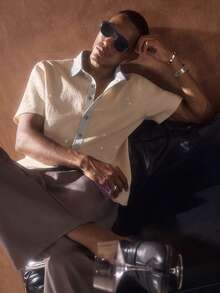 AKNOTIC Business Casual 男士蓝色花卉提花休闲宽松短袖Polo衫，适合夏季、度假、日常搭配、派对、情侣装，男士礼物；香槟色男士衬衫；奶油色男士衬衫；男士装饰衬衫；米色男士衬衫 - 杏色 - 查看 5