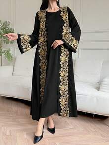 DAZY Women's Elegant Sleeveless Dress With Contrast Lace Patchwork Robe, 2-Piece Set, Spring/Summer - Black - View 5