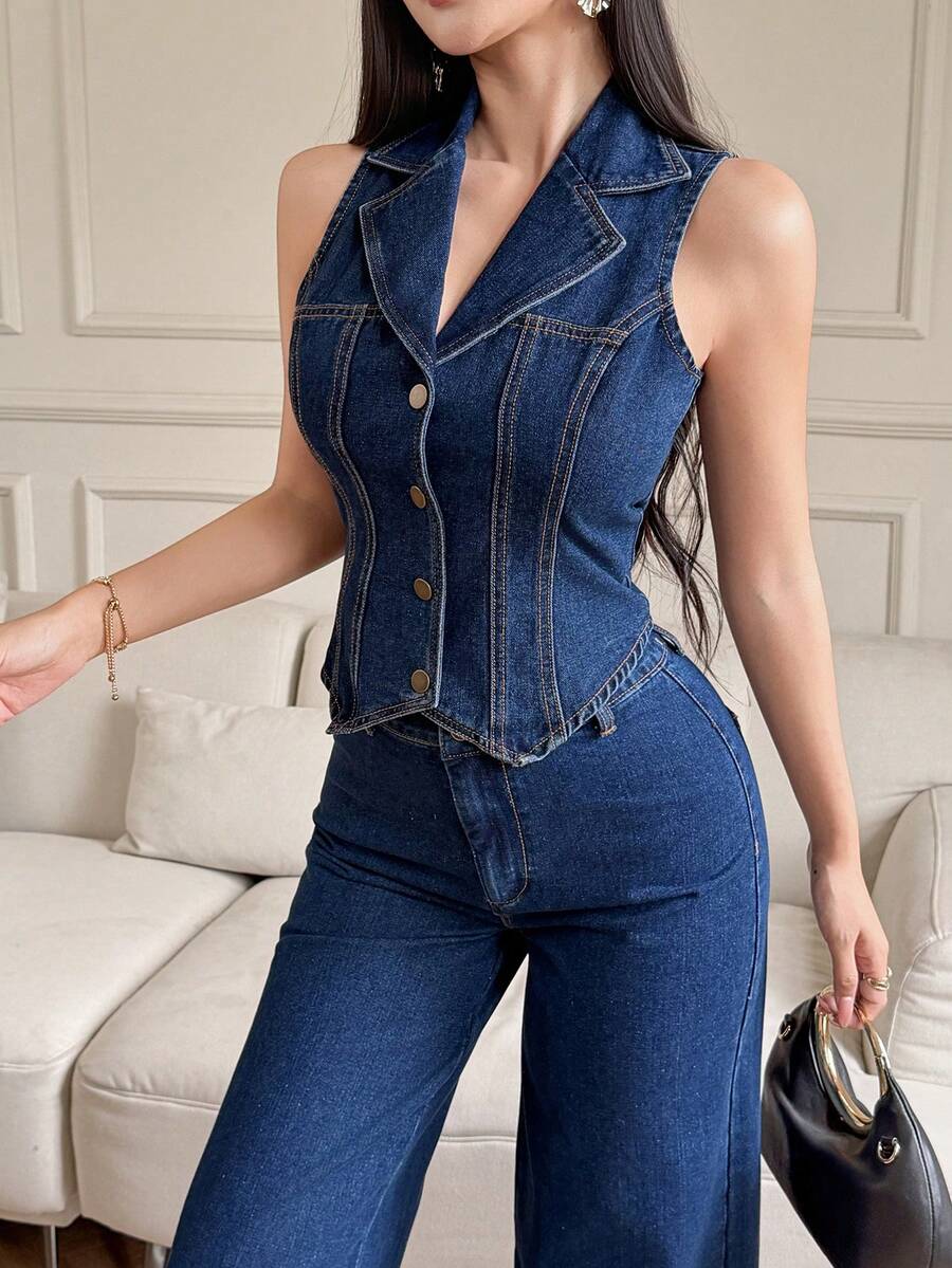 DAZY Women's Casual Washed Denim Suit, Vest With Fake Pockets And Wide Leg Pants, Summer - Medium Wash - View 1