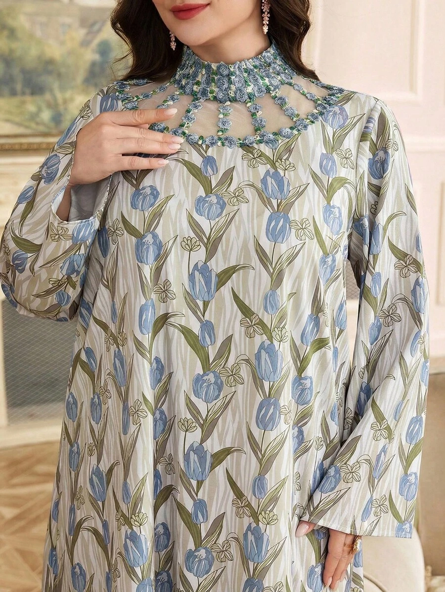 Al Najma 大码女式印花立领休闲派对阿拉伯连衣裙 - 藍色 - 查看 1