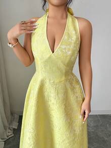 Elenzga Women's Elegant Jacquard Halter Tie Dress, Suitable For Summer Vacation - Yellow - View 4