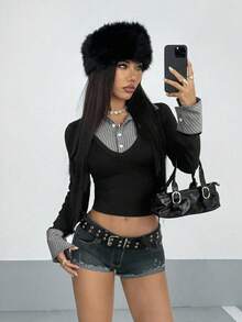 StreetHx 街头风女式撞色拼接针织长袖衬衫 - 灰色 - 查看 5