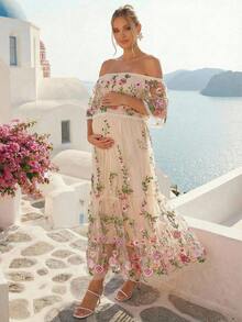 Loomaby 孕妇花卉刺绣网纱露肩优雅连衣裙 - 彩色 - 查看 6